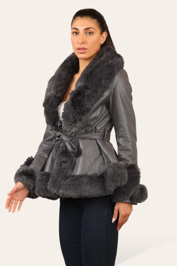 Faux Fur Trim Pu Swing Coat Grey