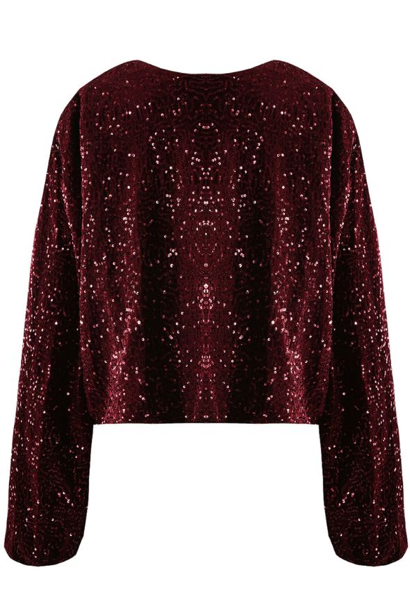 Collarless Sequin Bomber Jacket Burgundy
