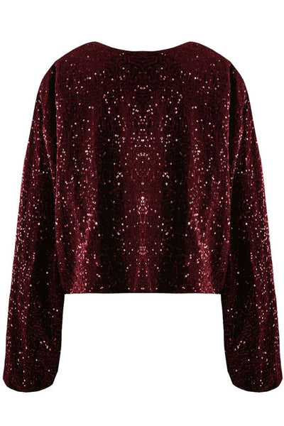 Collarless Sequin Bomber Jacket Burgundy