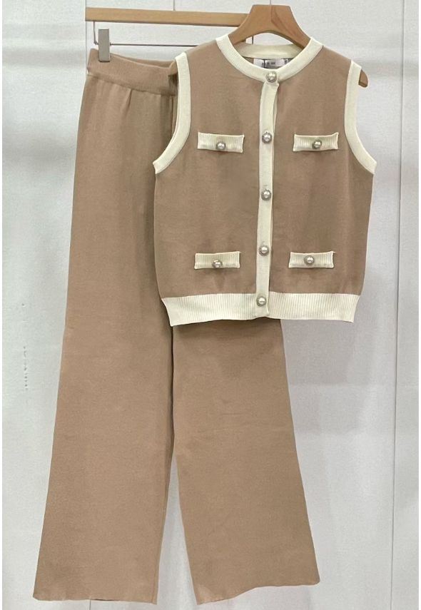 Ribbed Contrast Trim Waistcoat and Wide Trousers Set Beige