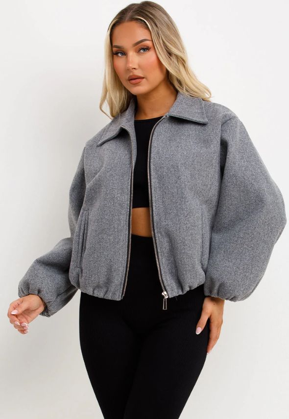 Puffed Bomber Jacket With Zip Grey