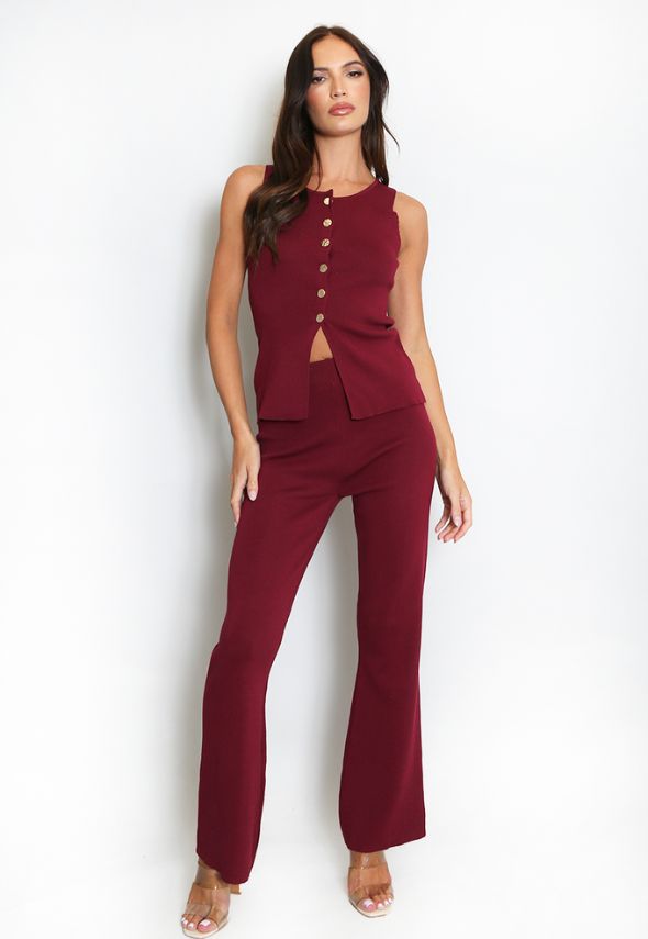 Knit Waistcoat & Flare Trousers Set Wine