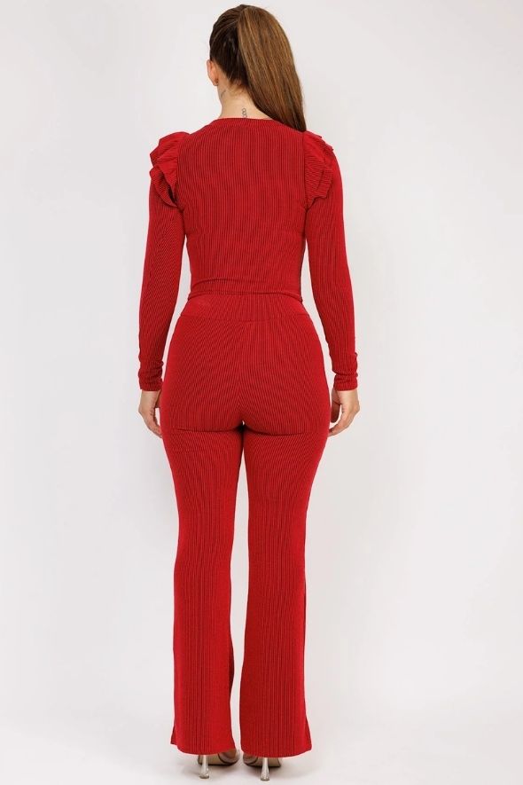 Red Ribbed Frill Shoulder Long Sleeve Top & Flared Trouser Set