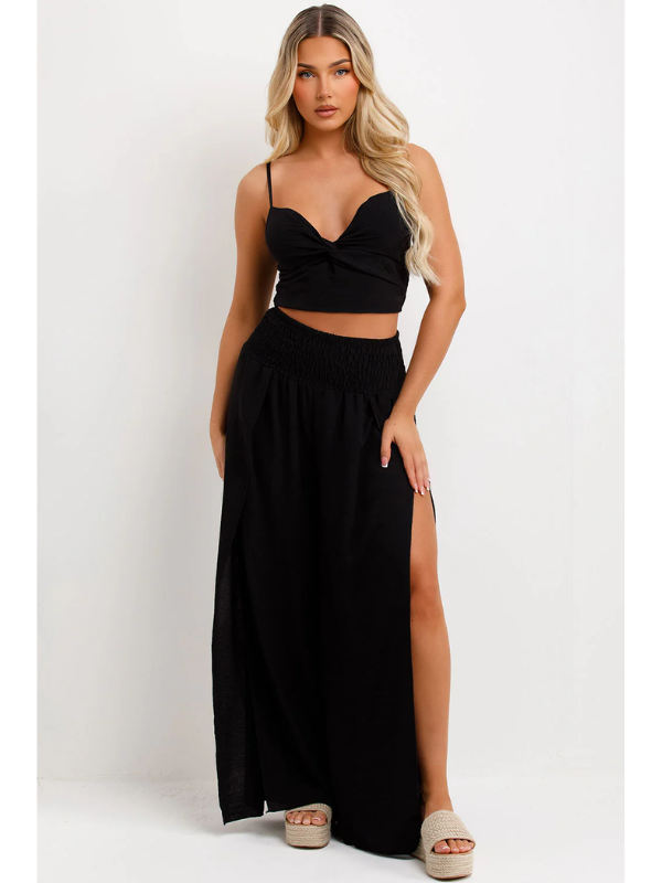 Wide Leg Trouser With Side Split And Top Set Black