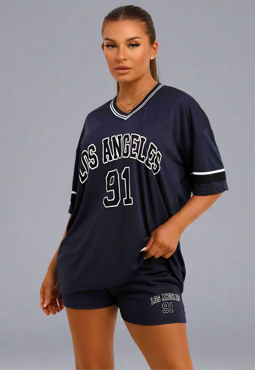 Football Jersey T Shirt And Shorts Co Ord Set With Los Angeles Print Navy