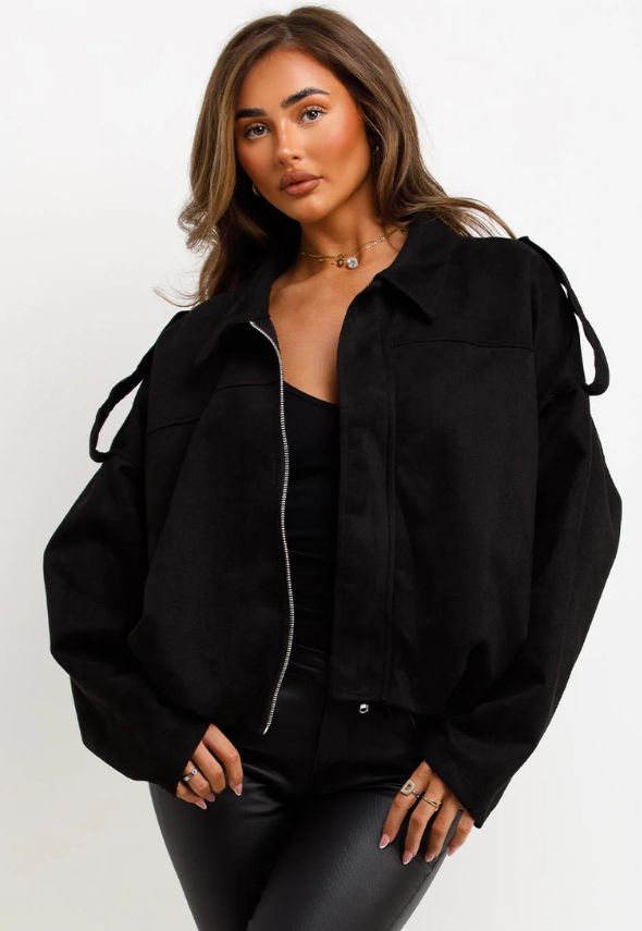 Faux Suede Puffed Bomber Jacket With Tabs Black