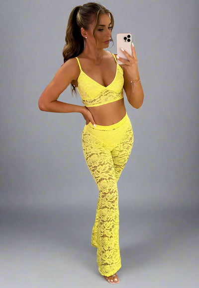 Yellow Lace Flared Trousers And Top Co Ord Two Piece Set