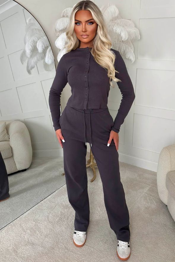 Charcoal Ribbed Long Sleeve Co-ord Set