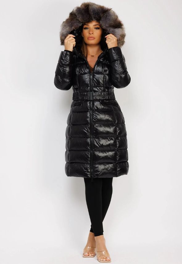 Black Long Padded Puffer Trench Coat Jacket With Faux Fur Hood & Belt