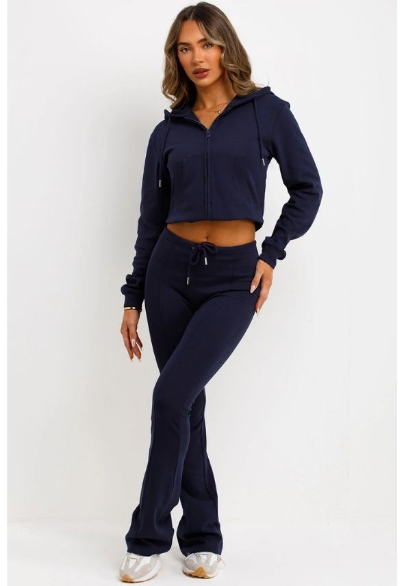 Crop Sweatshirt Hoodie And Bell Bottom Trousers Loungewear Set Navy