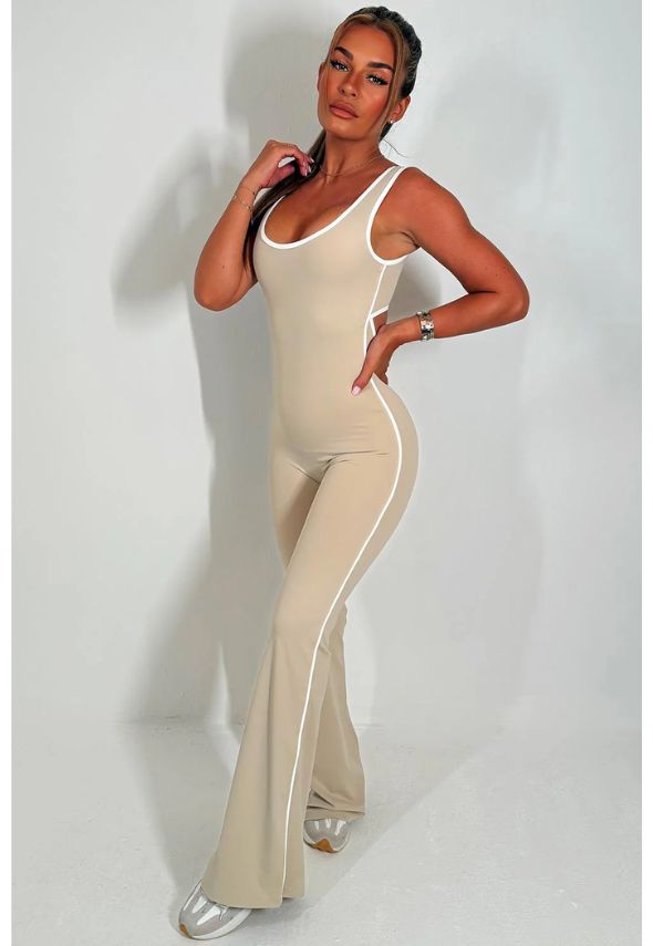 Skinny Flare Leg Jumpsuit With Open Back Beige