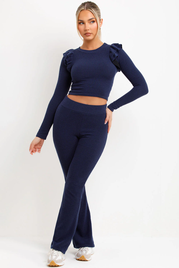 Ribbed Long Sleeve Frill Shoulder Top Skinny Flare Trouser Loungewear Navy