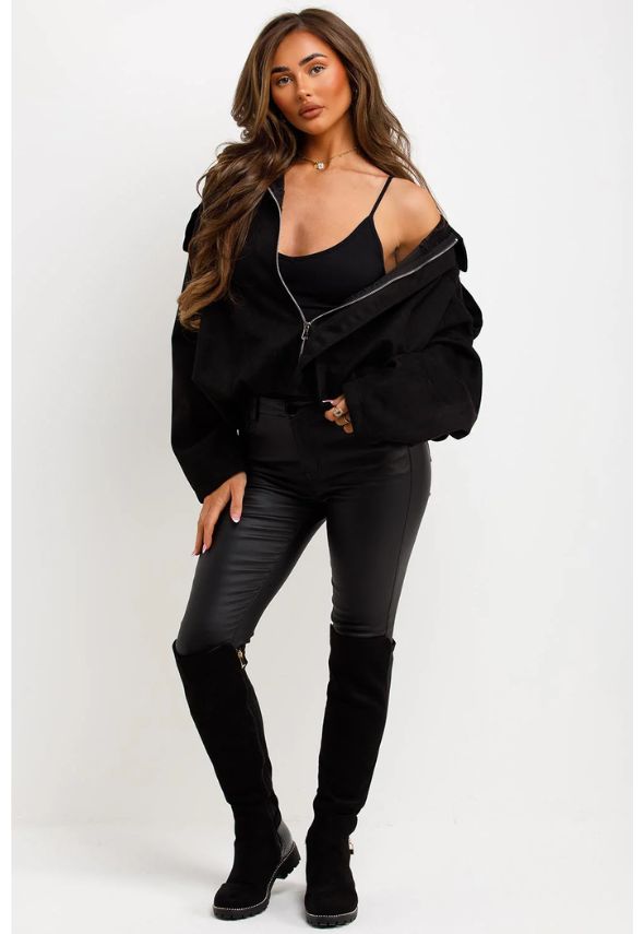 Faux Suede Puffed Bomber Jacket With Tabs Black