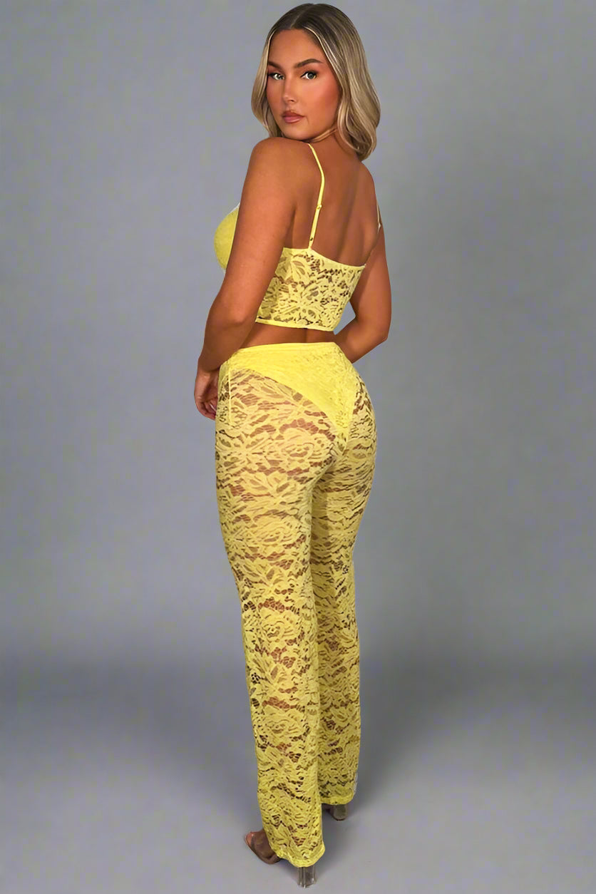 Lace Flared Trousers And Top Two Piece Co Ord Set Yellow
