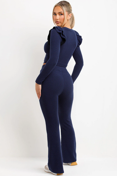 Ribbed Long Sleeve Frill Shoulder Top Skinny Flare Trouser Loungewear Navy