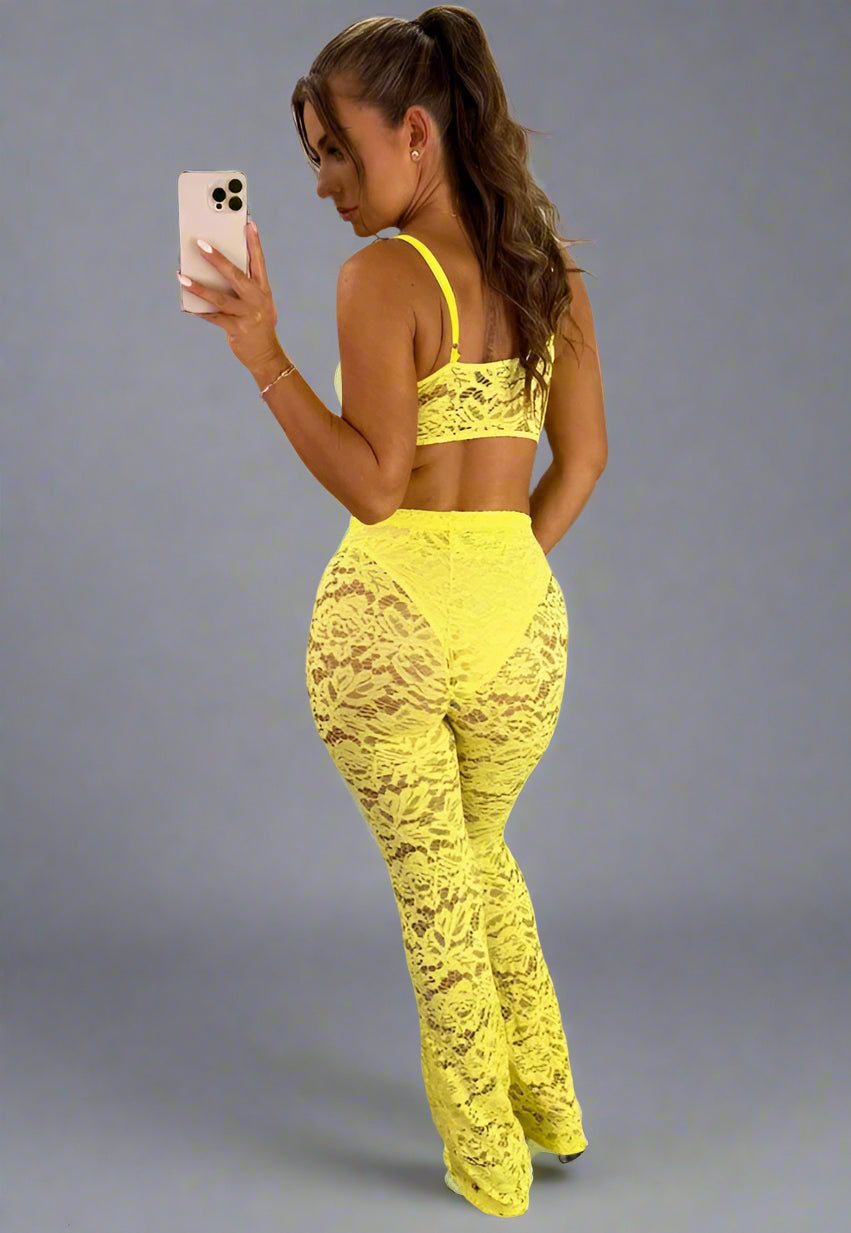 Yellow Lace Flared Trousers And Top Co Ord Two Piece Set