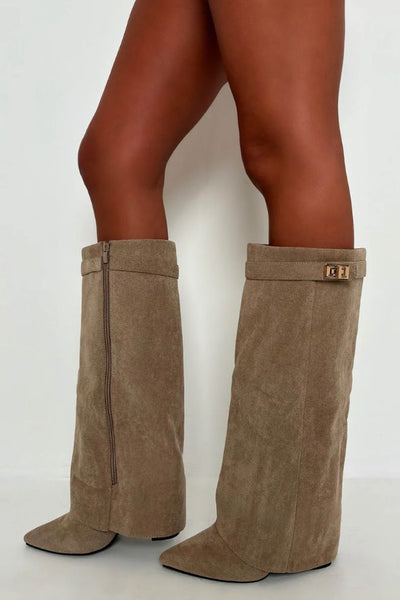Taupe Faux Suede Fold Over Knee High Lock Shark Boots