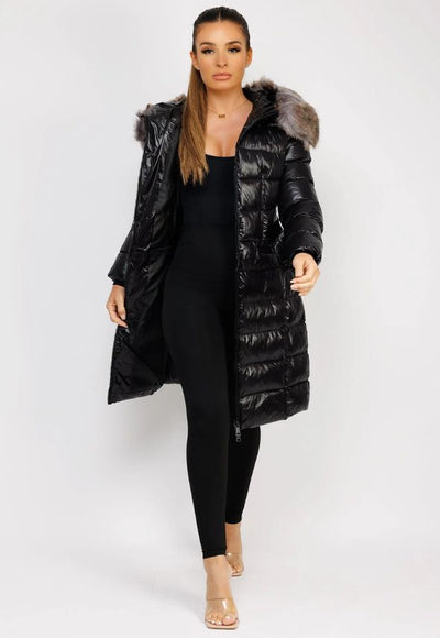 Black Long Padded Puffer Trench Coat Jacket With Faux Fur Hood & Belt