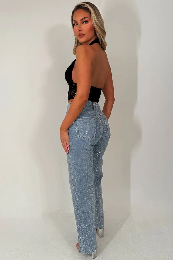 Black Plunge Halter Neck Crop Top With Lace Hem