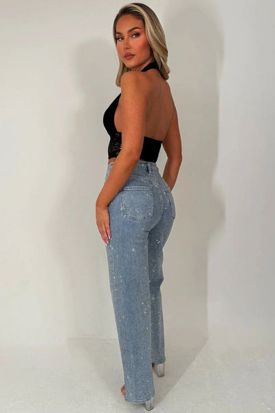 Black Plunge Halter Neck Crop Top With Lace Hem