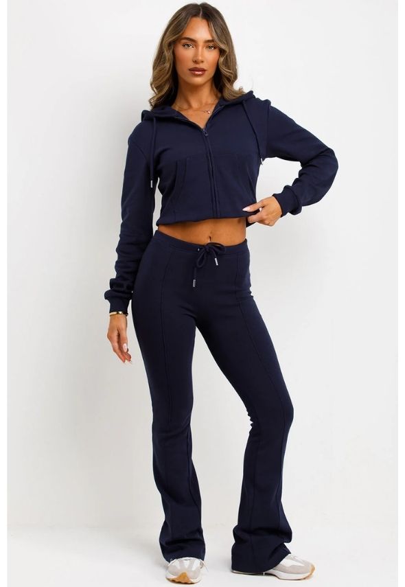 Crop Sweatshirt Hoodie And Bell Bottom Trousers Loungewear Set Navy
