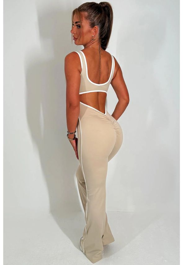 Skinny Flare Leg Jumpsuit With Open Back Beige