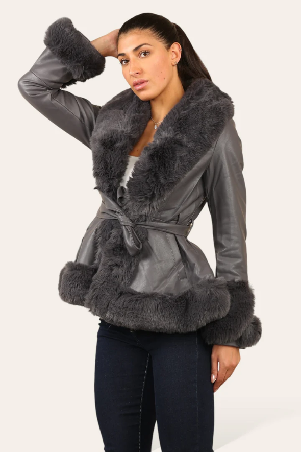 Faux Fur Trim Pu Swing Coat Grey