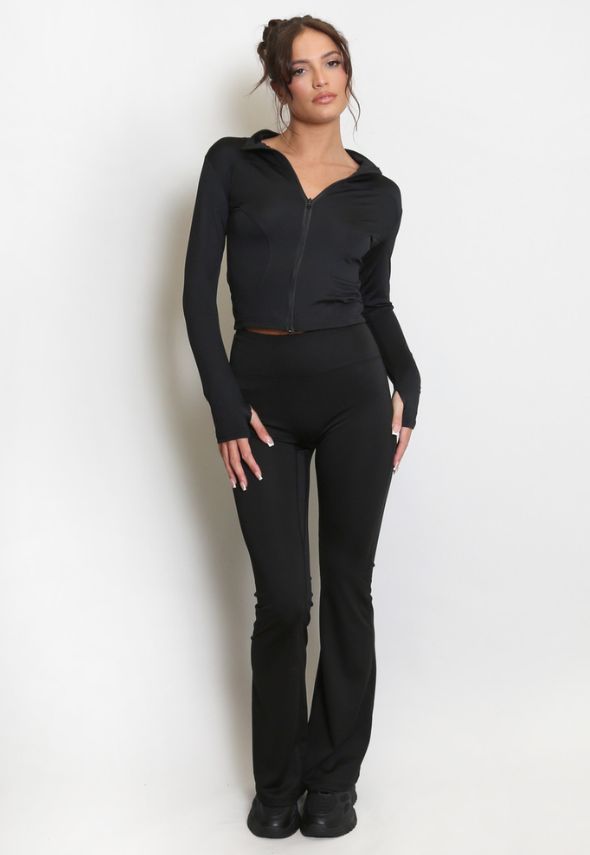Fleece Lined Active Zip Top with Push Up Flare Trouser Black