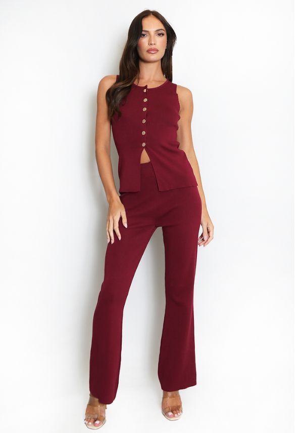 Knit Waistcoat & Flare Trousers Set Wine