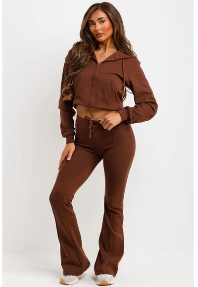 Crop Sweatshirt Hoodie And Bell Bottom Trousers Loungewear Brown