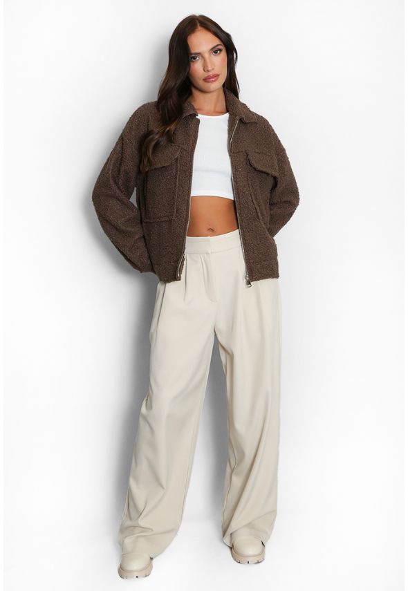 Fleece Jacket With Oversized Pockets Brown