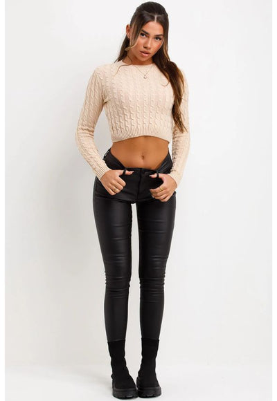 Long Sleeve Crop Jumper Cable Knit Beige