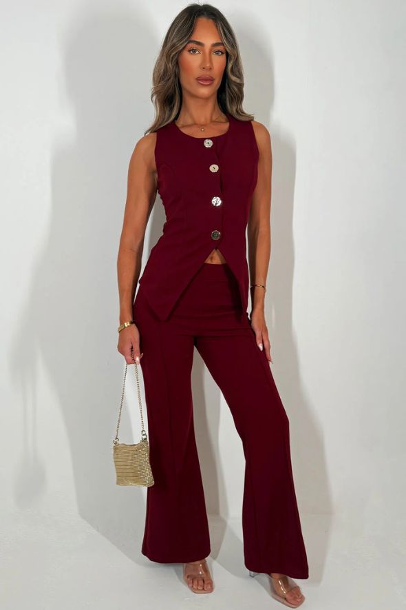 Waistcoat And Trouser Co Ord Two Piece Set Burgundy