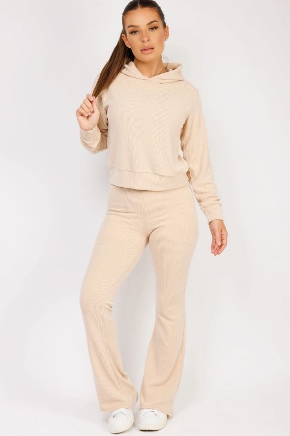 Beige Ribbed Hoody & Skinny Flare Trousers Loungewear Set