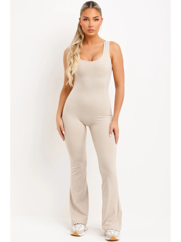 Skinny Flare Leg Jumpsuit Beige