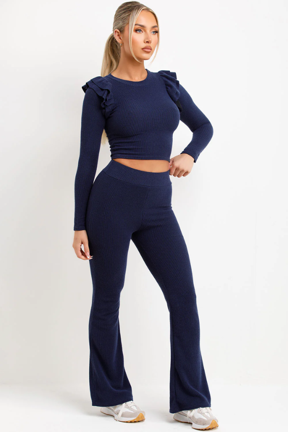 Ribbed Long Sleeve Frill Shoulder Top Skinny Flare Trouser Loungewear Navy