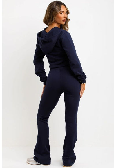 Crop Sweatshirt Hoodie And Bell Bottom Trousers Loungewear Set Navy