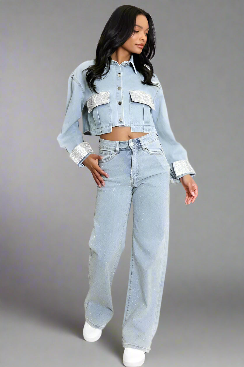 Diamante Trim Cropped Denim Jacket