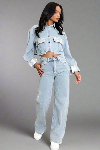 Diamante Trim Cropped Denim Jacket