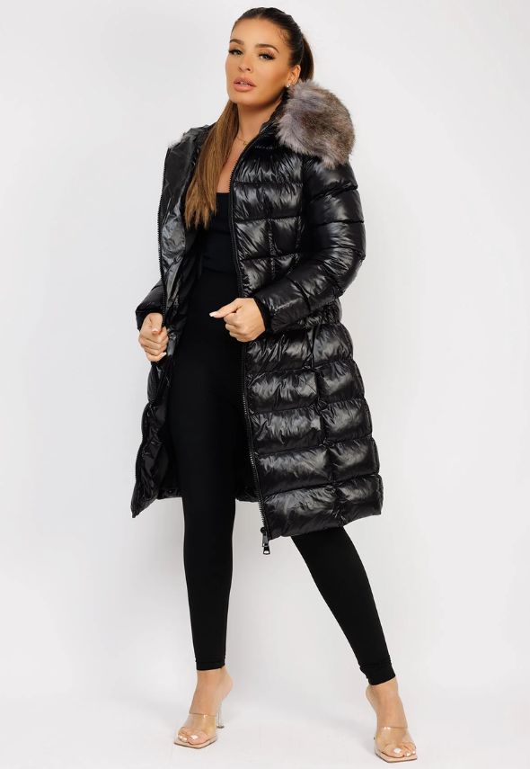 Black Long Padded Puffer Trench Coat Jacket With Faux Fur Hood & Belt