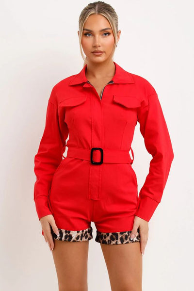 Red Long Sleeve Playsuit With Belt And Leopard Print Contrast