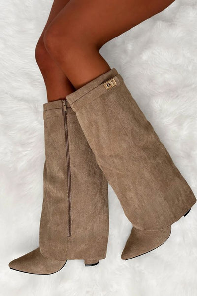 Taupe Faux Suede Fold Over Knee High Lock Shark Boots