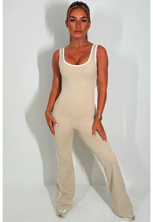 Skinny Flare Leg Jumpsuit With Open Back Beige