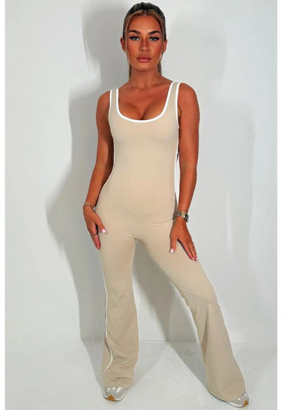 Skinny Flare Leg Jumpsuit With Open Back Beige