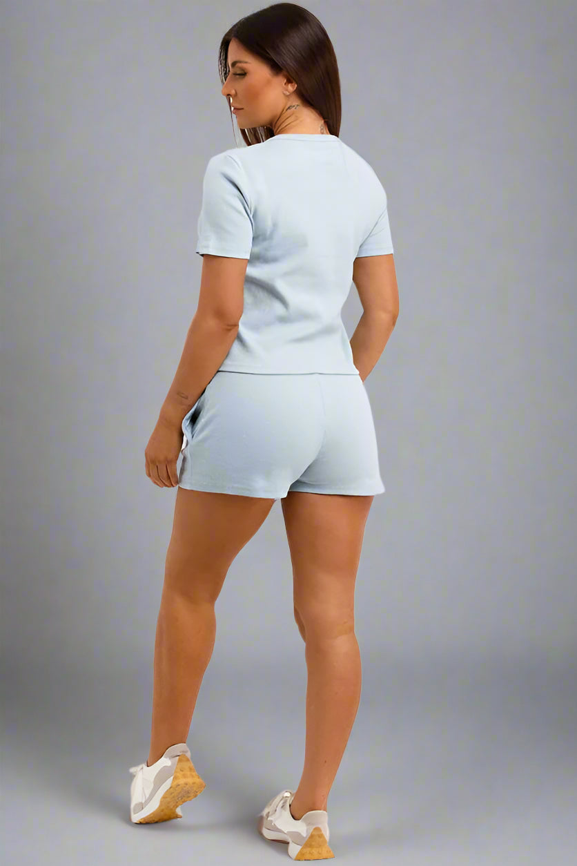 Rib Button Up Top And Shorts Tracksuit Set Sky Blue