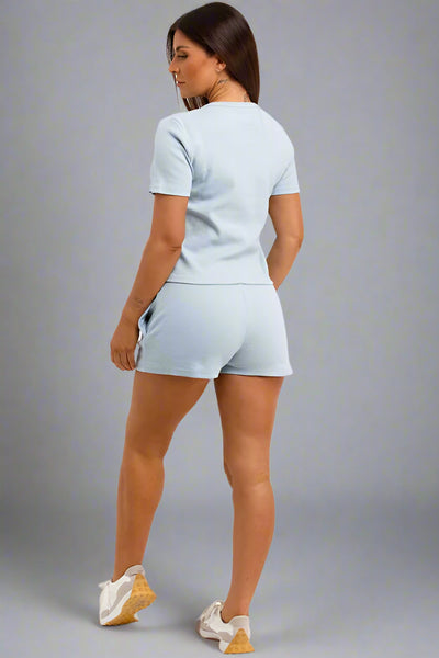 Rib Button Up Top And Shorts Tracksuit Set Sky Blue
