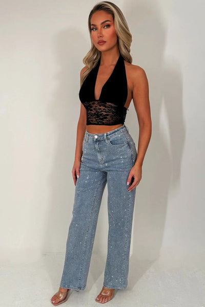 Black Plunge Halter Neck Crop Top With Lace Hem