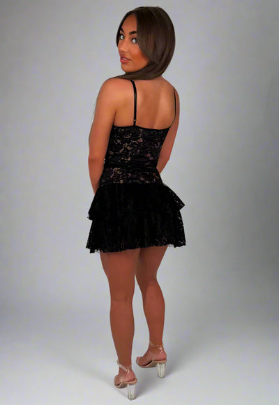 Ruffle Frilly Lace Dress With Tie Front Detail Black