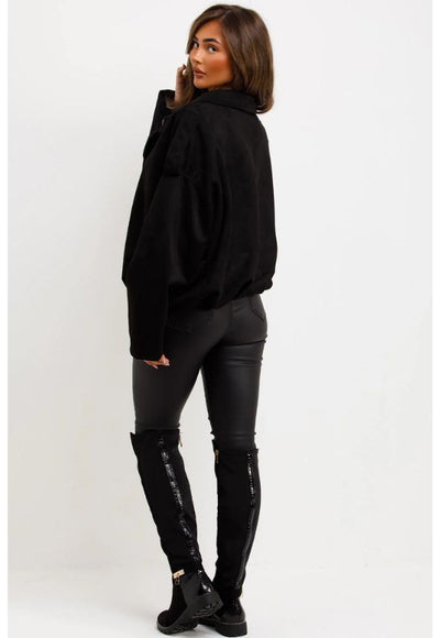 Faux Suede Puffed Bomber Jacket With Tabs Black