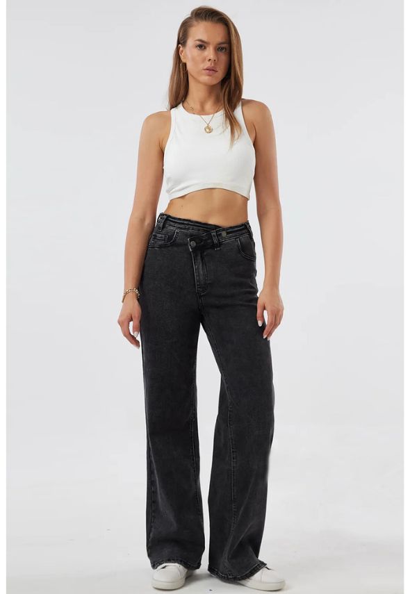 Overlap High Waist Dad Fit Jeans Faded Black